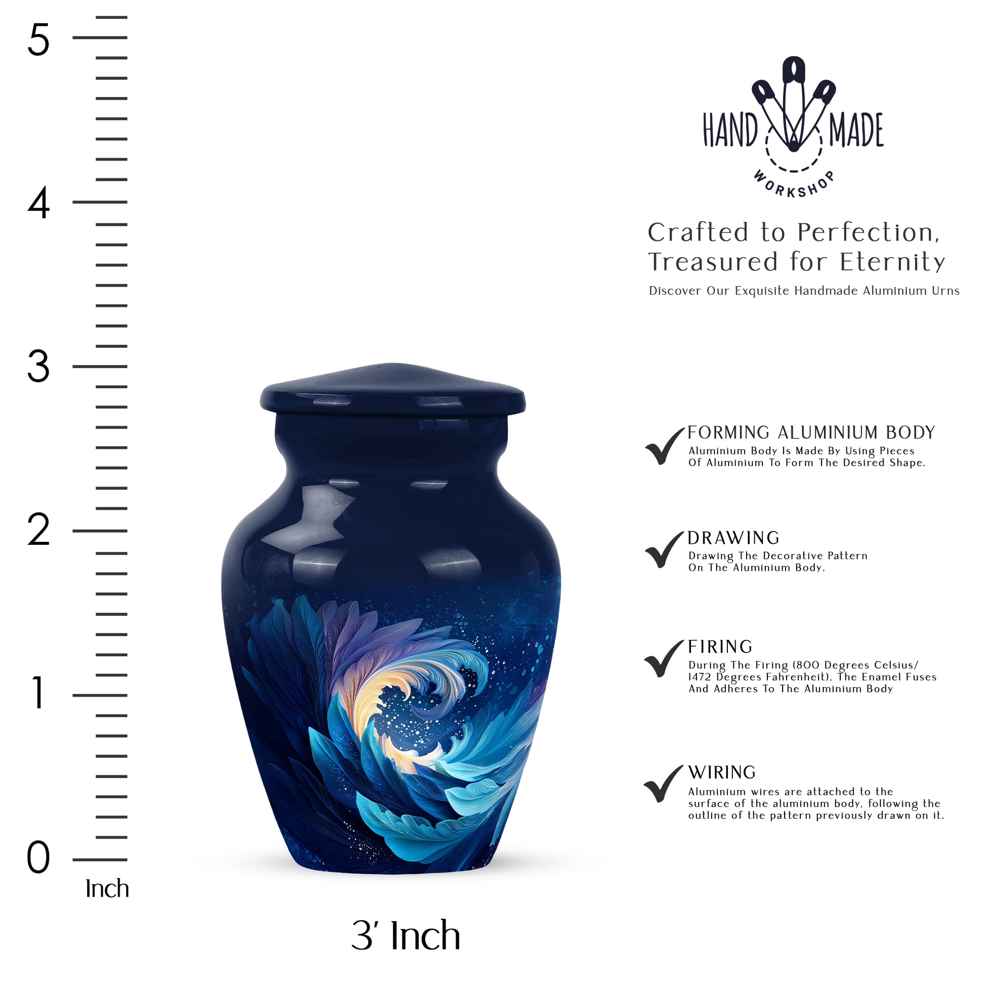 Indigo Blue Cremation Urn close-up of engraving and surface detail - timeless blue motif etched into premium metal - mini keepsake memorial for portion of cremation ashes