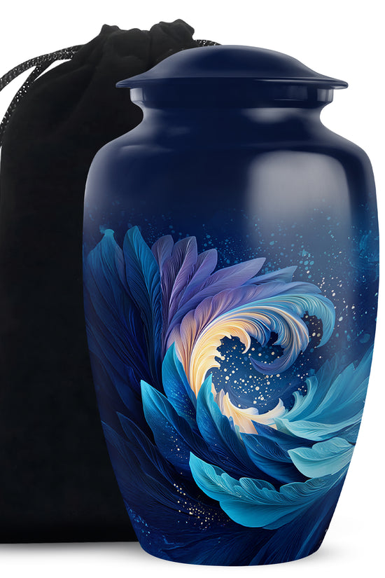 Celestial Blue Blue Cremation Urn angled view of lid and engraved motif - classic sculpted blue pattern on smooth aluminum - full-size 10 inch 200 cubic inch adult cremation urn