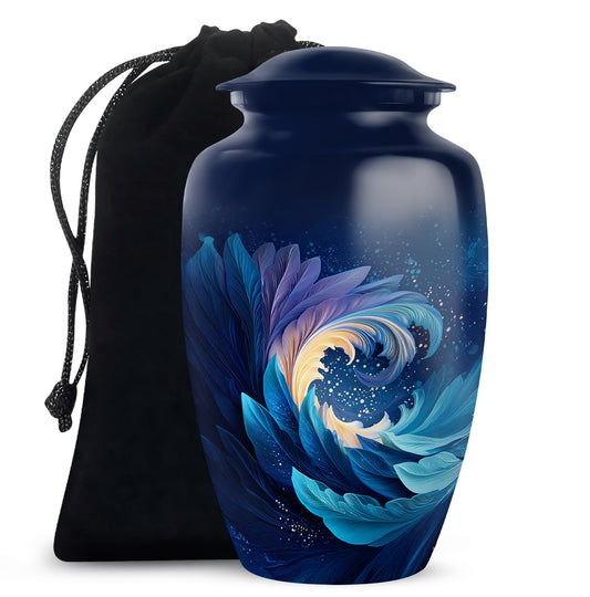 Celestial Blue Blue Cremation Urn angled view of lid and engraved motif - classic sculpted blue pattern on smooth aluminum - full-size 10 inch 200 cubic inch adult cremation urn