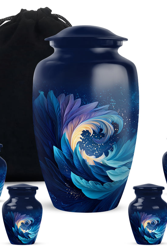 Misty Blue Blue Cremation Urn top-down view of secure threaded lid - classic sculpted blue pattern on smooth aluminum - memorial set with one large and four small urns