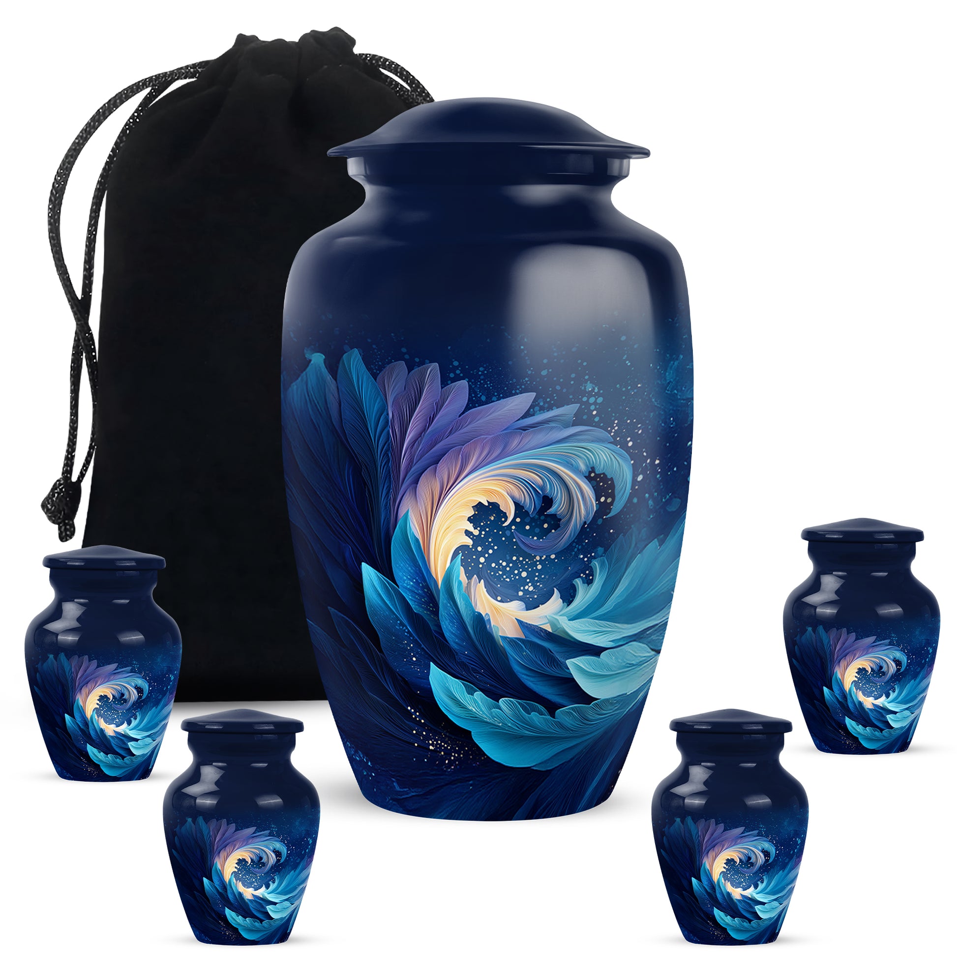 Misty Blue Blue Cremation Urn top-down view of secure threaded lid - classic sculpted blue pattern on smooth aluminum - memorial set with one large and four small urns