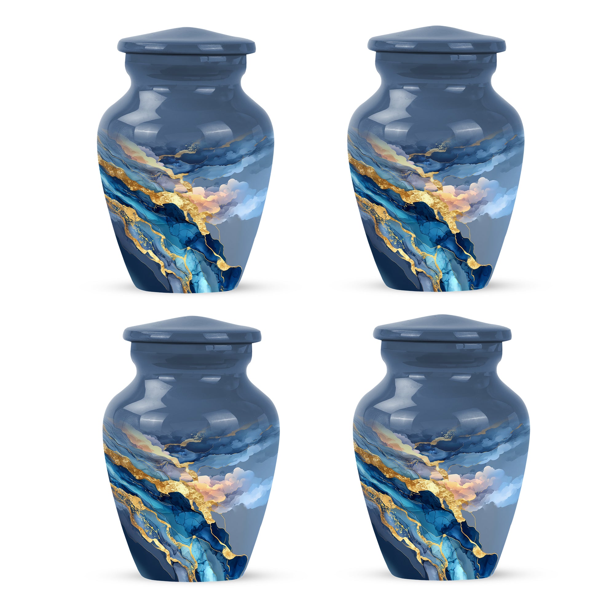 Cobalt Blue Blue Cremation Urn side profile showing urn shape - traditional blue engraving with hand-polished finish - 10 inch aluminum urn for cremated remains