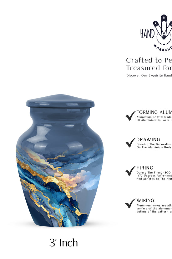 Bright Blue Blue Cremation Urn close-up of engraving and surface detail - elegant classic blue relief with fine detailing - mini keepsake memorial for portion of cremation ashes
