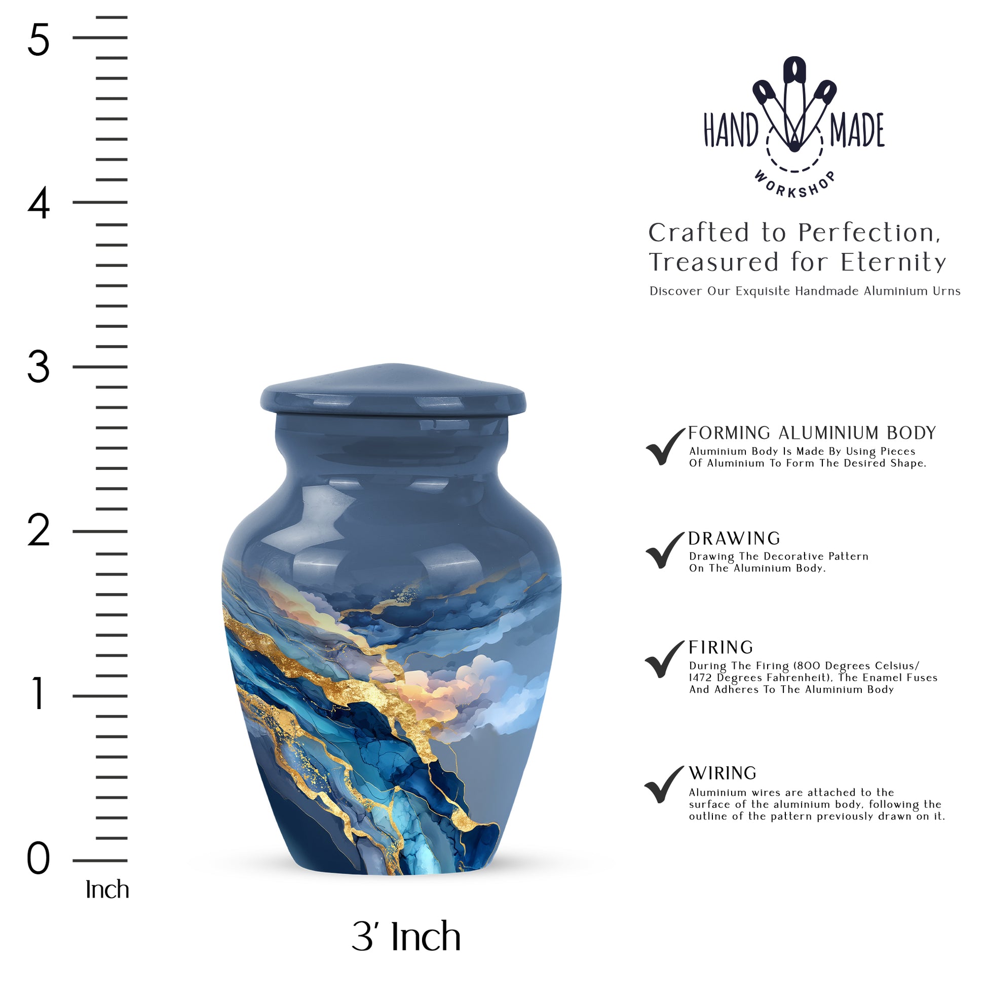 Bright Blue Blue Cremation Urn close-up of engraving and surface detail - elegant classic blue relief with fine detailing - mini keepsake memorial for portion of cremation ashes