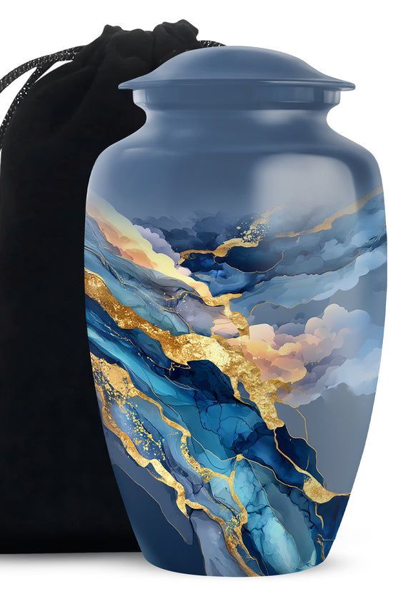Indigo Blue Cremation Urn angled view of lid and engraved motif - classic sculpted blue pattern on smooth aluminum - full-size 10 inch 200 cubic inch adult cremation urn