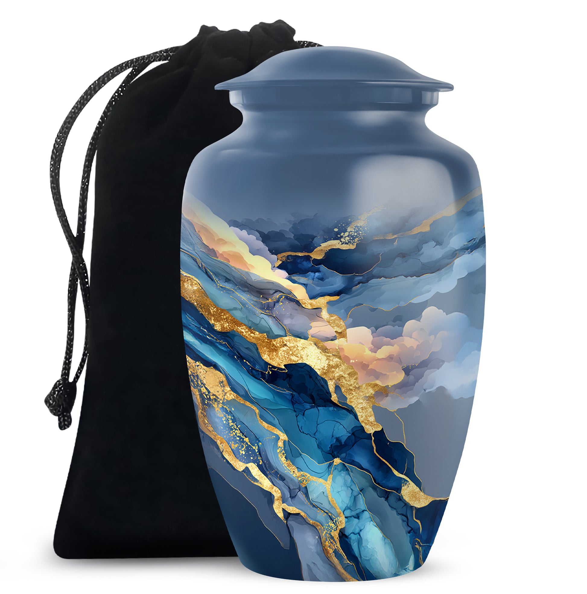 Indigo Blue Cremation Urn angled view of lid and engraved motif - classic sculpted blue pattern on smooth aluminum - full-size 10 inch 200 cubic inch adult cremation urn