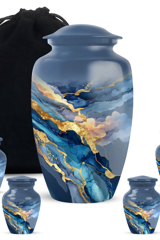 Slate Blue Blue Cremation Urn top-down view of secure threaded lid - classic sculpted blue pattern on smooth aluminum - memorial set with one large and four small urns