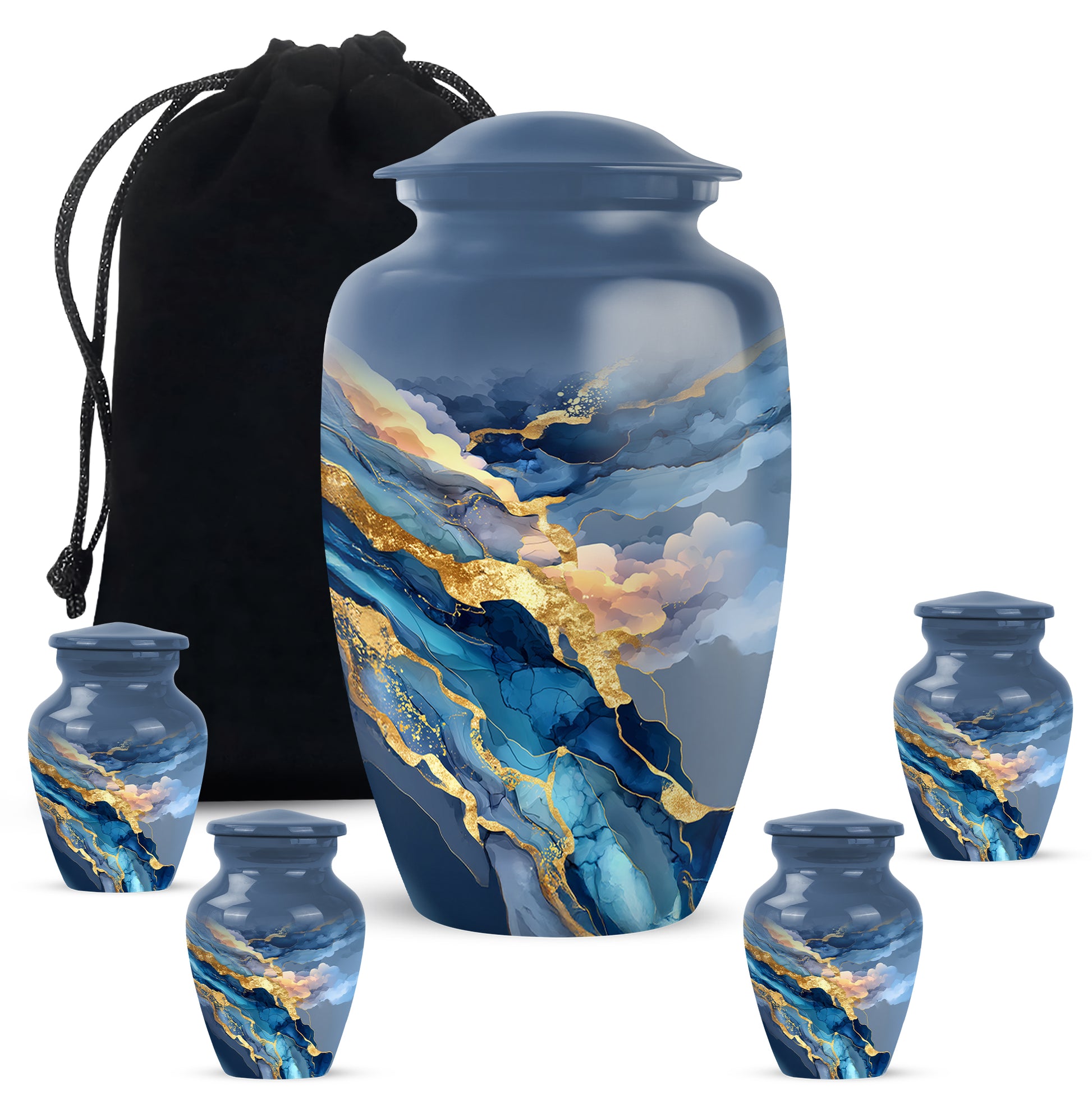 Slate Blue Blue Cremation Urn top-down view of secure threaded lid - classic sculpted blue pattern on smooth aluminum - memorial set with one large and four small urns