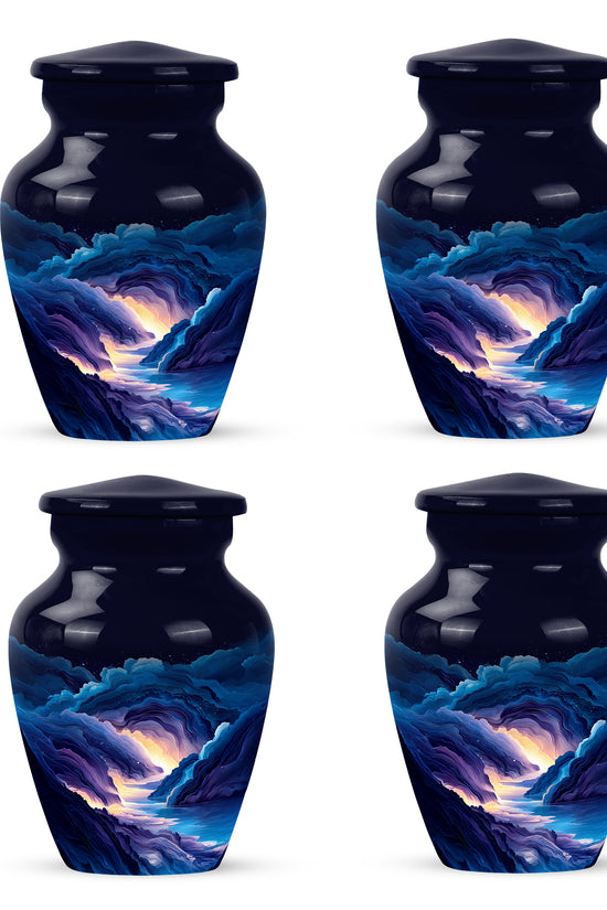 Vivid Blue Blue Cremation Urn side profile showing urn shape - traditional blue engraving with hand-polished finish - 10 inch aluminum urn for cremated remains