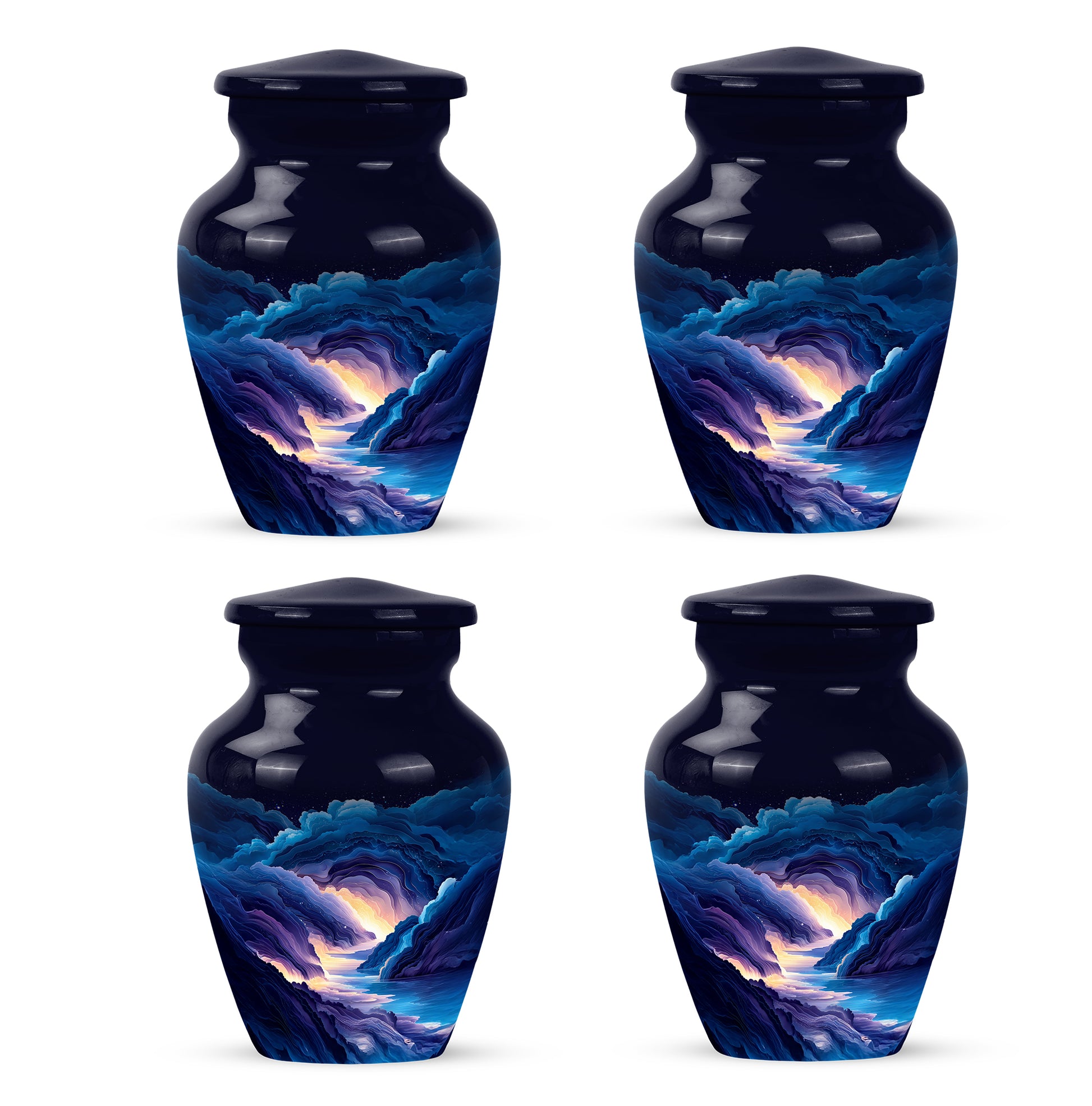 Vivid Blue Blue Cremation Urn side profile showing urn shape - traditional blue engraving with hand-polished finish - 10 inch aluminum urn for cremated remains