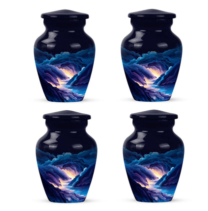 Vivid Blue Blue Cremation Urn side profile showing urn shape - traditional blue engraving with hand-polished finish - 10 inch aluminum urn for cremated remains