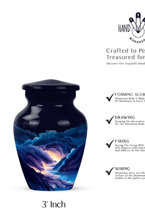Cornflower Blue Blue Cremation Urn close-up of engraving and surface detail - elegant classic blue relief with fine detailing - mini keepsake memorial for portion of cremation ashes