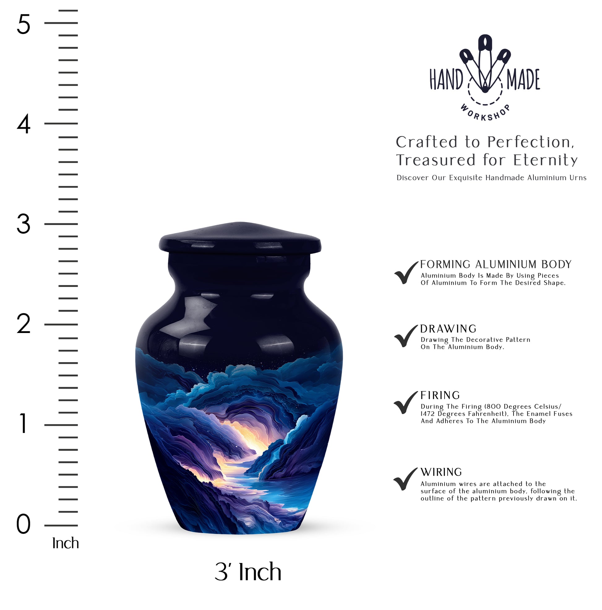 Cornflower Blue Blue Cremation Urn close-up of engraving and surface detail - elegant classic blue relief with fine detailing - mini keepsake memorial for portion of cremation ashes