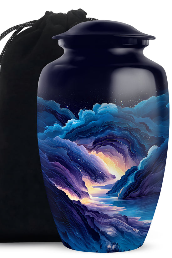 Cobalt Blue Blue Cremation Urn angled view of lid and engraved motif - traditional blue engraving with hand-polished finish - full-size 10 inch 200 cubic inch adult cremation urn