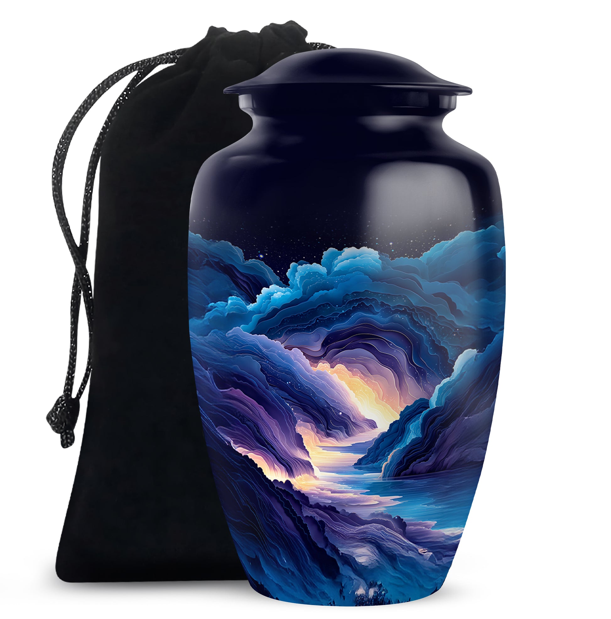 Cobalt Blue Blue Cremation Urn angled view of lid and engraved motif - traditional blue engraving with hand-polished finish - full-size 10 inch 200 cubic inch adult cremation urn