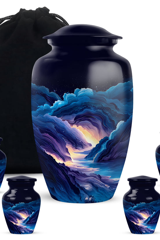 Sapphire Blue Blue Cremation Urn top-down view of secure threaded lid - elegant classic blue relief with fine detailing - memorial set with one large and four small urns