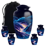 Sapphire Blue Blue Cremation Urn top-down view of secure threaded lid - elegant classic blue relief with fine detailing - memorial set with one large and four small urns