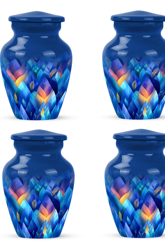 Serene Blue Blue Cremation Urn side profile showing urn shape - traditional blue engraving with hand-polished finish - 10 inch aluminum urn for cremated remains