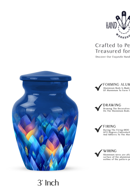 Bright Blue Blue Cremation Urn close-up of engraving and surface detail - elegant classic blue relief with fine detailing - mini keepsake memorial for portion of cremation ashes
