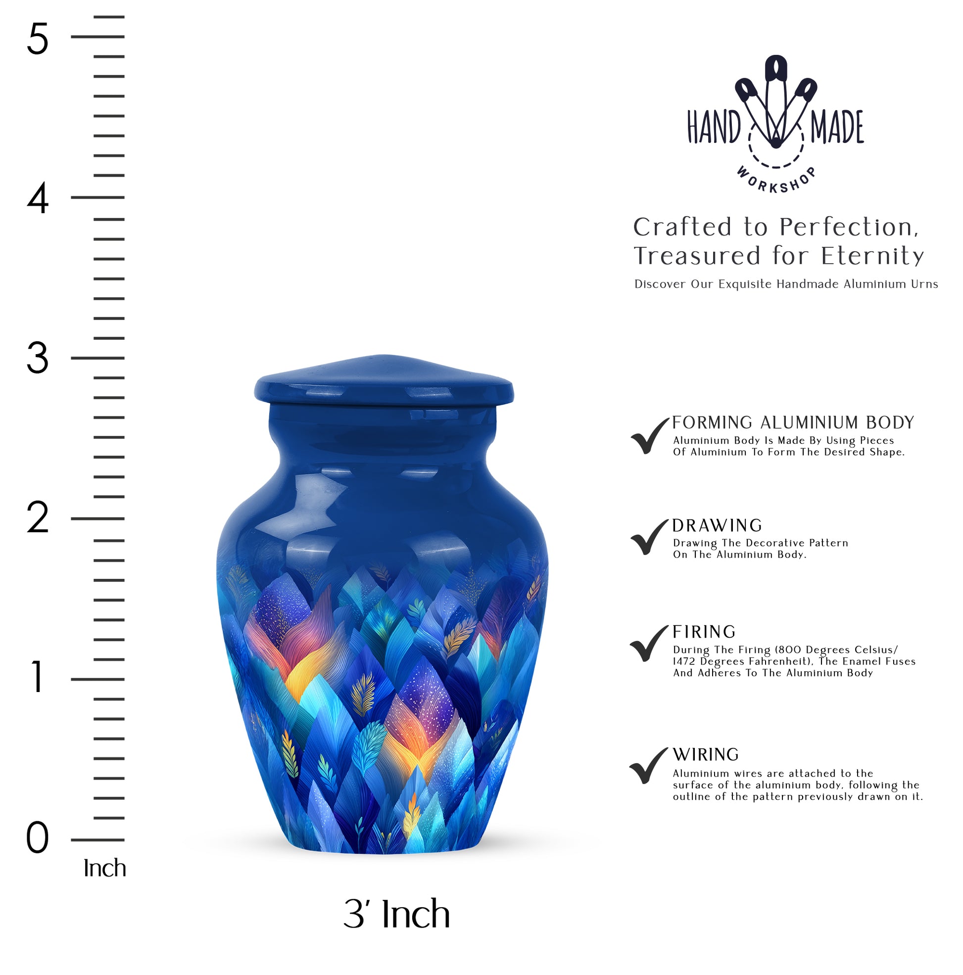Bright Blue Blue Cremation Urn close-up of engraving and surface detail - elegant classic blue relief with fine detailing - mini keepsake memorial for portion of cremation ashes