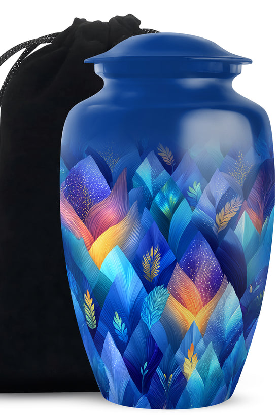 Slate Blue Blue Cremation Urn angled view of lid and engraved motif - timeless blue motif etched into premium metal - full-size 10 inch 200 cubic inch adult cremation urn