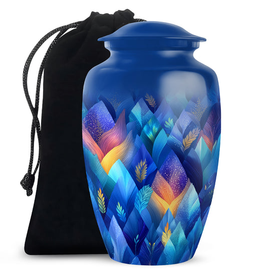 Slate Blue Blue Cremation Urn angled view of lid and engraved motif - timeless blue motif etched into premium metal - full-size 10 inch 200 cubic inch adult cremation urn