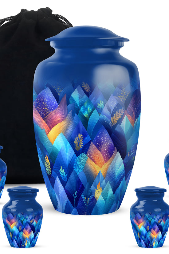 Slate Blue Blue Cremation Urn top-down view of secure threaded lid - timeless blue motif etched into premium metal - memorial set with one large and four small urns