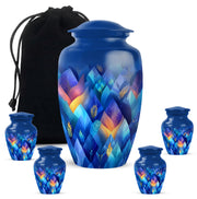 Slate Blue Blue Cremation Urn top-down view of secure threaded lid - timeless blue motif etched into premium metal - memorial set with one large and four small urns