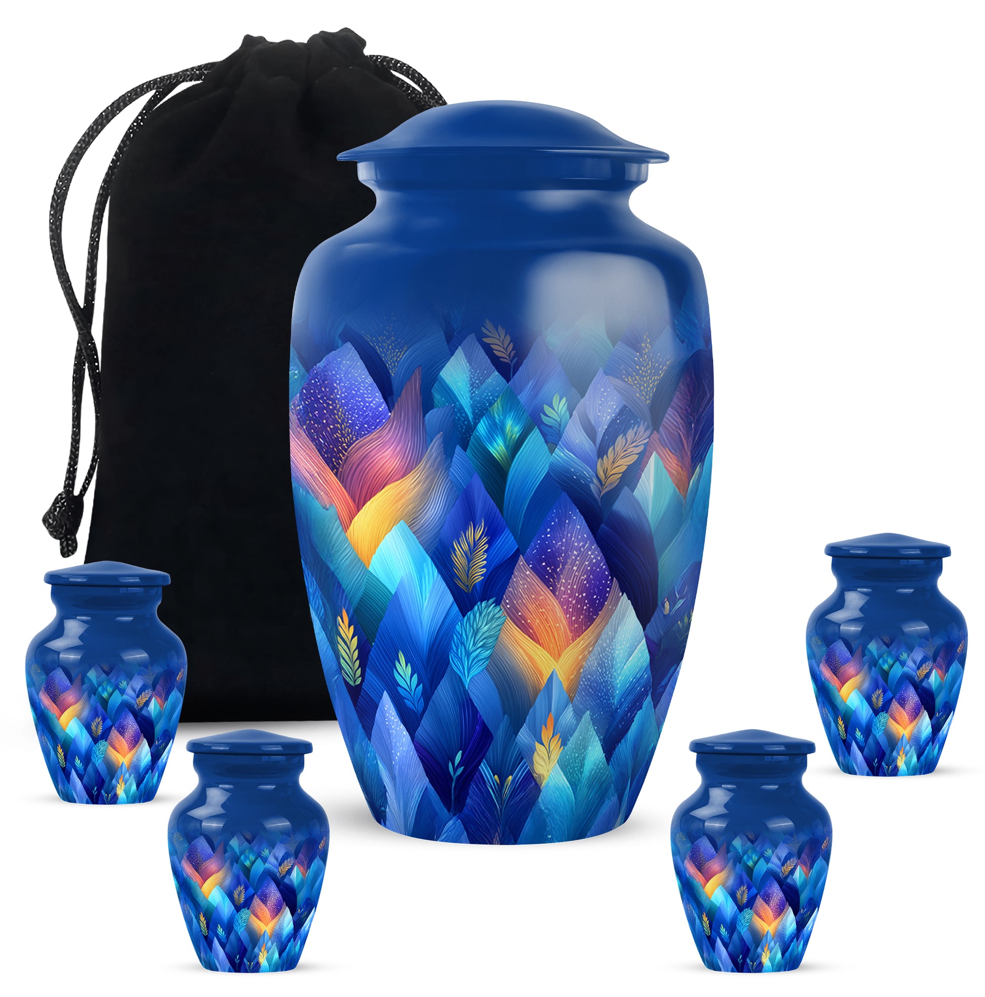 Slate Blue Blue Cremation Urn top-down view of secure threaded lid - timeless blue motif etched into premium metal - memorial set with one large and four small urns