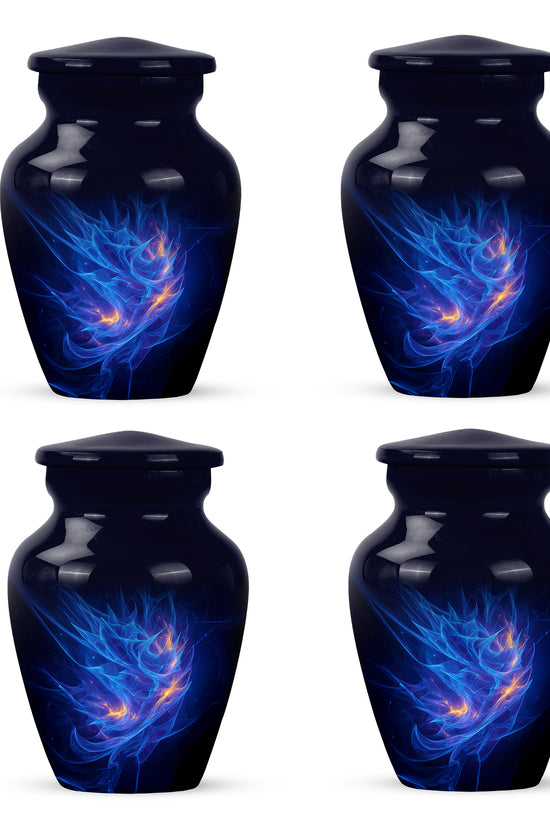 Twilight Blue Blue Cremation Urn side profile showing urn shape - elegant classic blue relief with fine detailing - 10 inch aluminum urn for cremated remains