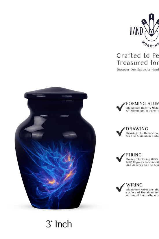 Navy Blue Blue Cremation Urn close-up of engraving and surface detail - classic sculpted blue pattern on smooth aluminum - mini keepsake memorial for portion of cremation ashes