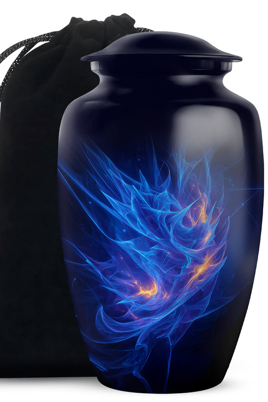 Icy Blue Blue Cremation Urn angled view of lid and engraved motif - timeless blue motif etched into premium metal - full-size 10 inch 200 cubic inch adult cremation urn