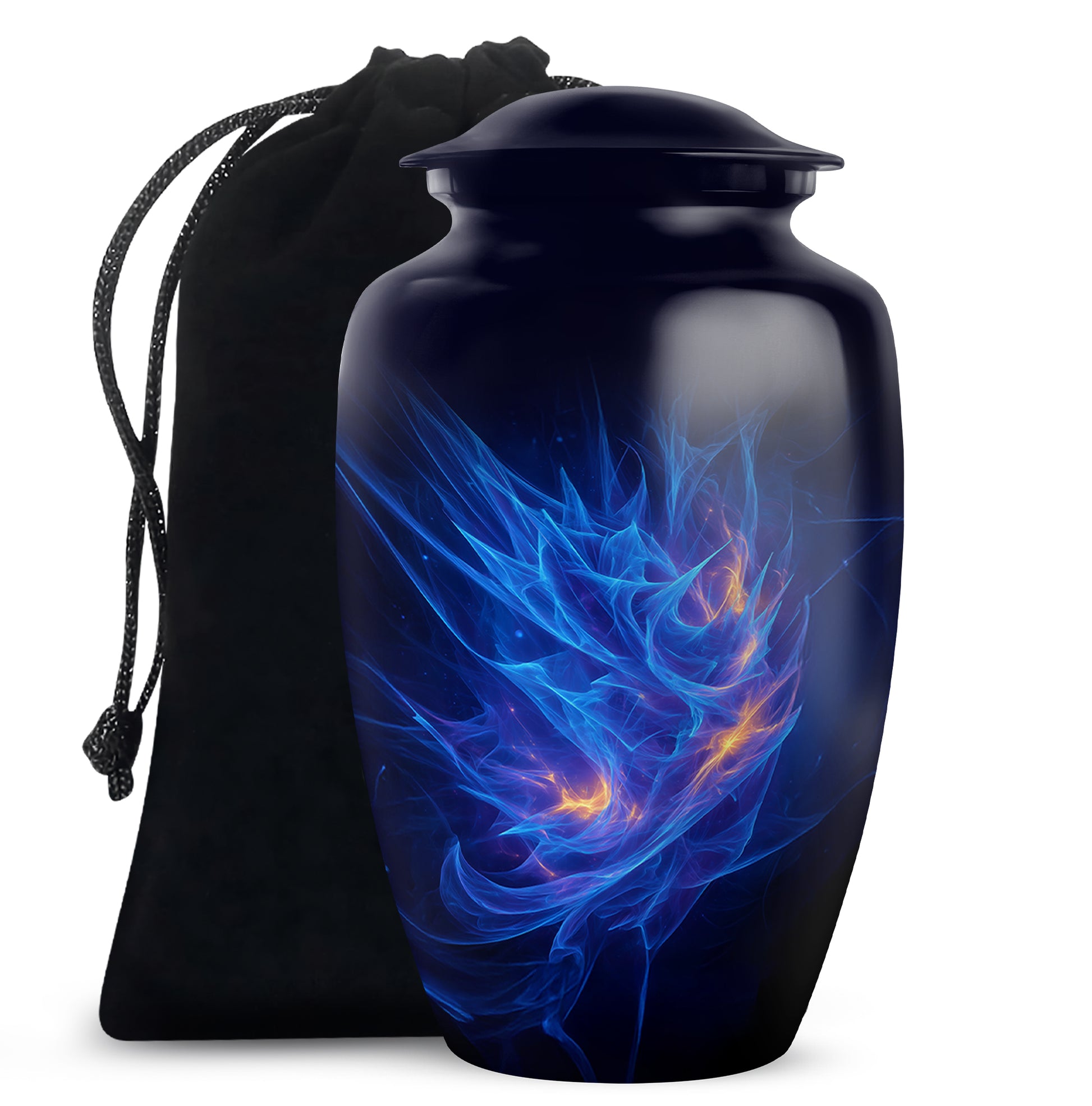 Icy Blue Blue Cremation Urn angled view of lid and engraved motif - timeless blue motif etched into premium metal - full-size 10 inch 200 cubic inch adult cremation urn