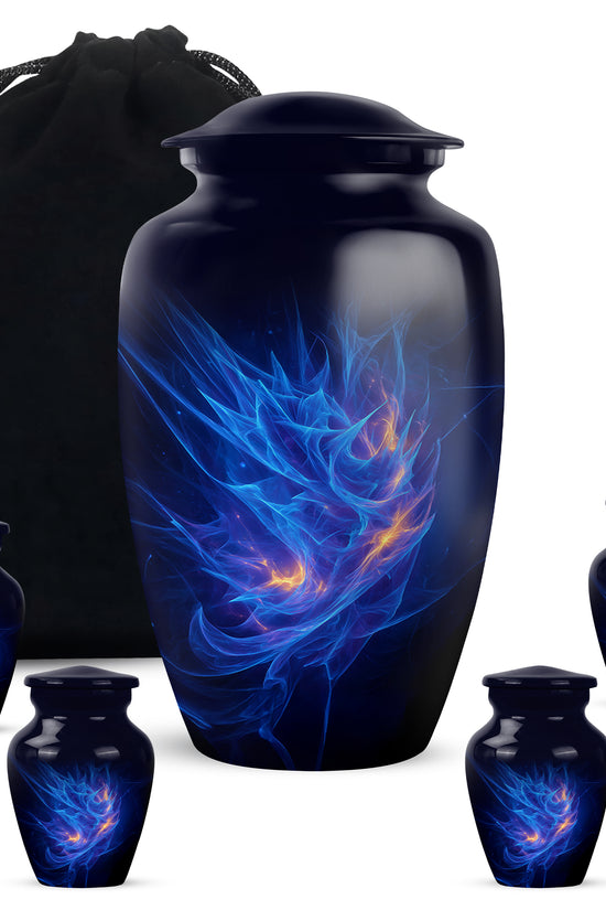 Sky Blue Blue Cremation Urn top-down view of secure threaded lid - timeless blue motif etched into premium metal - memorial set with one large and four small urns