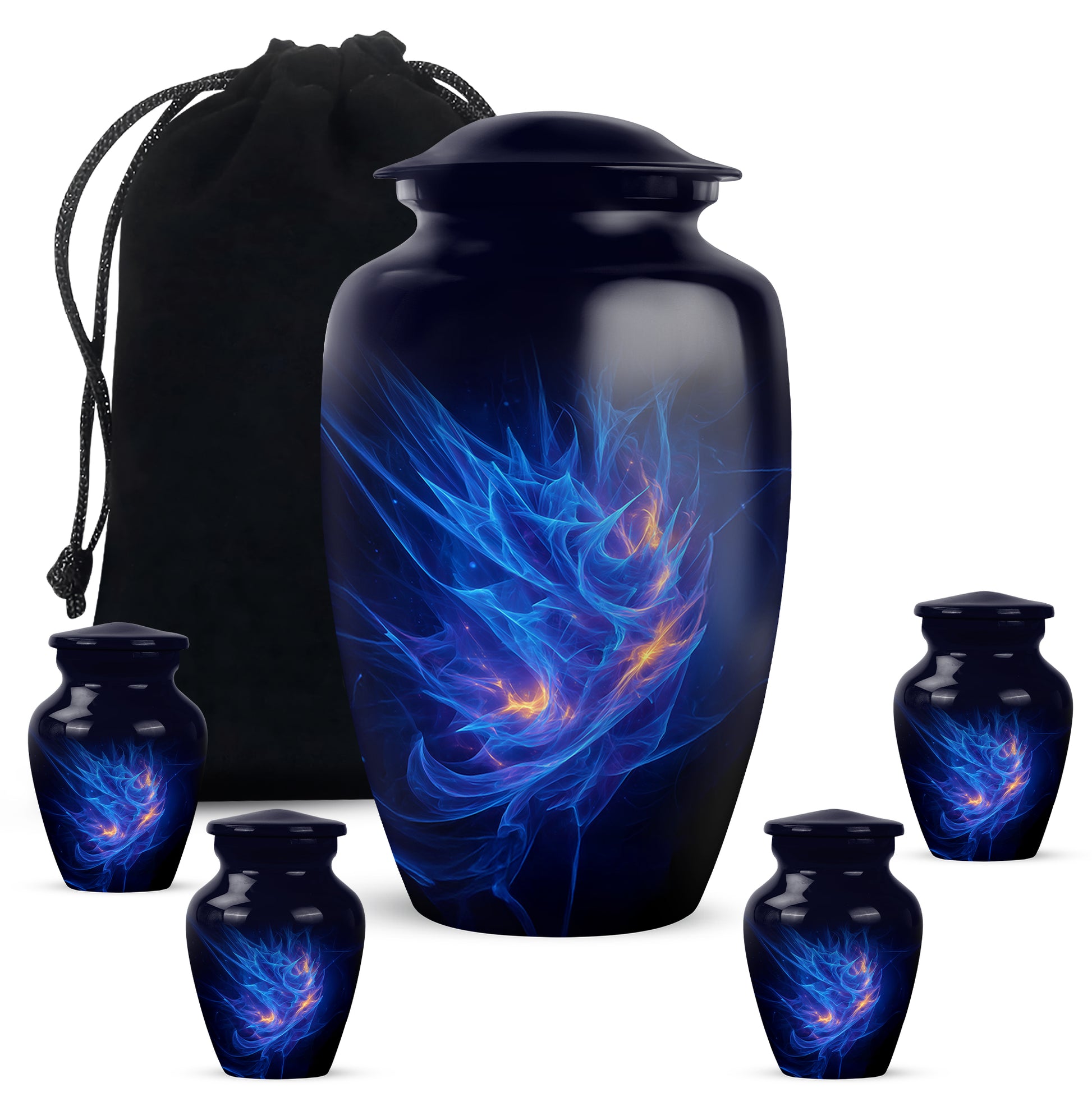 Sky Blue Blue Cremation Urn top-down view of secure threaded lid - timeless blue motif etched into premium metal - memorial set with one large and four small urns