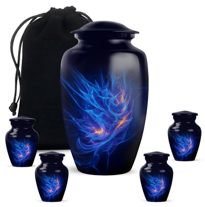 Sky Blue Blue Cremation Urn top-down view of secure threaded lid - timeless blue motif etched into premium metal - memorial set with one large and four small urns