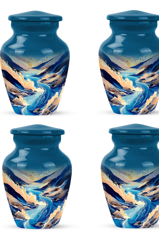 Calming Blue Blue Cremation Urn side profile showing urn shape - traditional blue engraving with hand-polished finish - 10 inch aluminum urn for cremated remains
