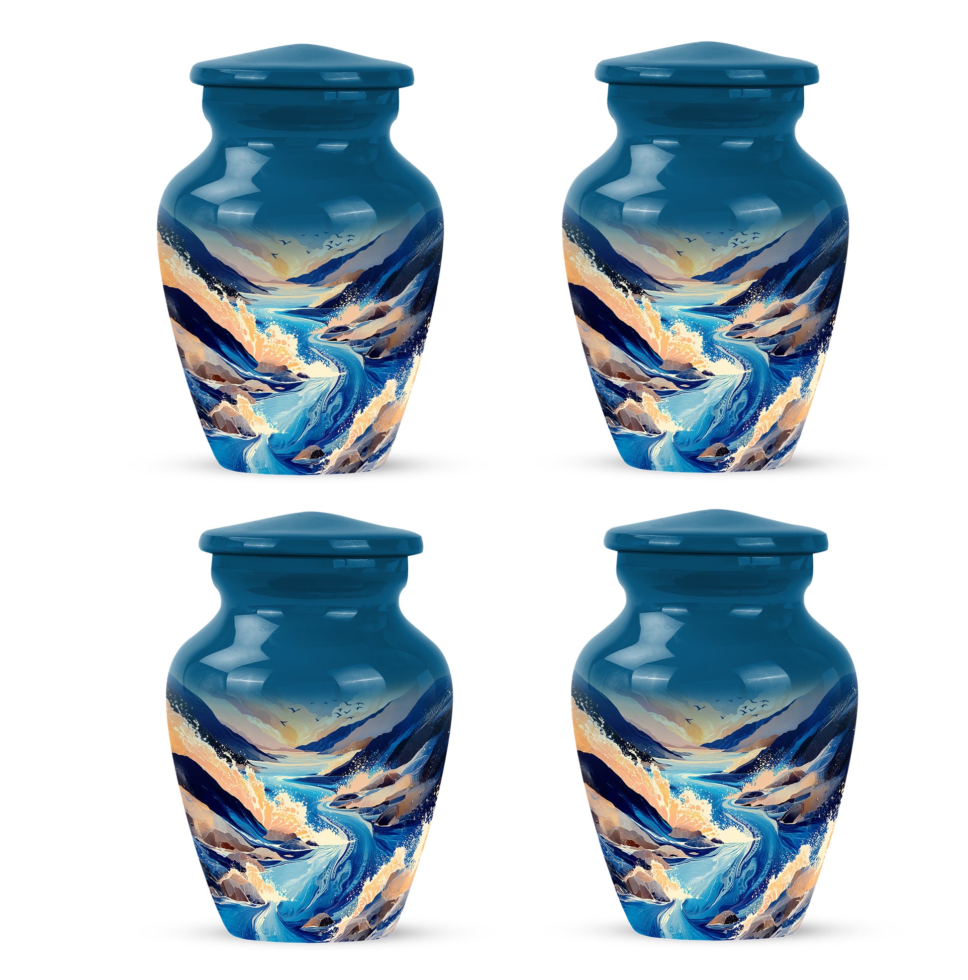 Calming Blue Blue Cremation Urn side profile showing urn shape - traditional blue engraving with hand-polished finish - 10 inch aluminum urn for cremated remains