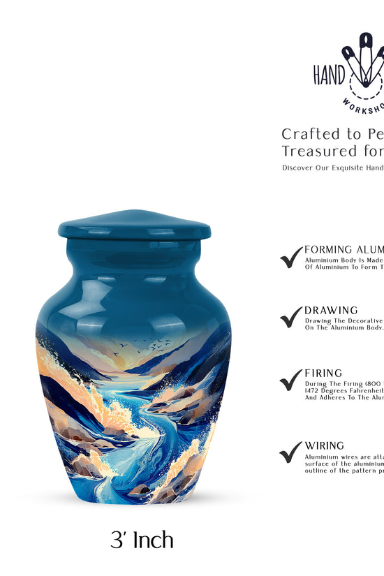 Sky Blue Blue Cremation Urn close-up of engraving and surface detail - timeless blue motif etched into premium metal - mini keepsake memorial for portion of cremation ashes