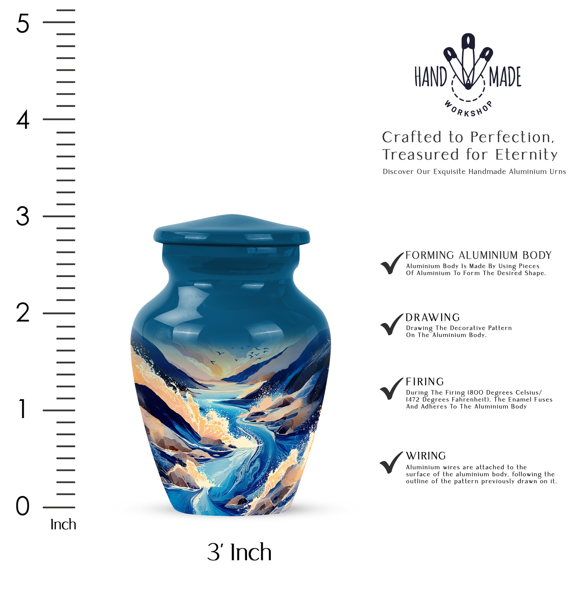 Sky Blue Blue Cremation Urn close-up of engraving and surface detail - timeless blue motif etched into premium metal - mini keepsake memorial for portion of cremation ashes