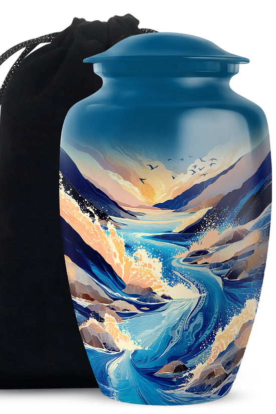 Calming Blue Blue Cremation Urn angled view of lid and engraved motif - elegant classic blue relief with fine detailing - full-size 10 inch 200 cubic inch adult cremation urn