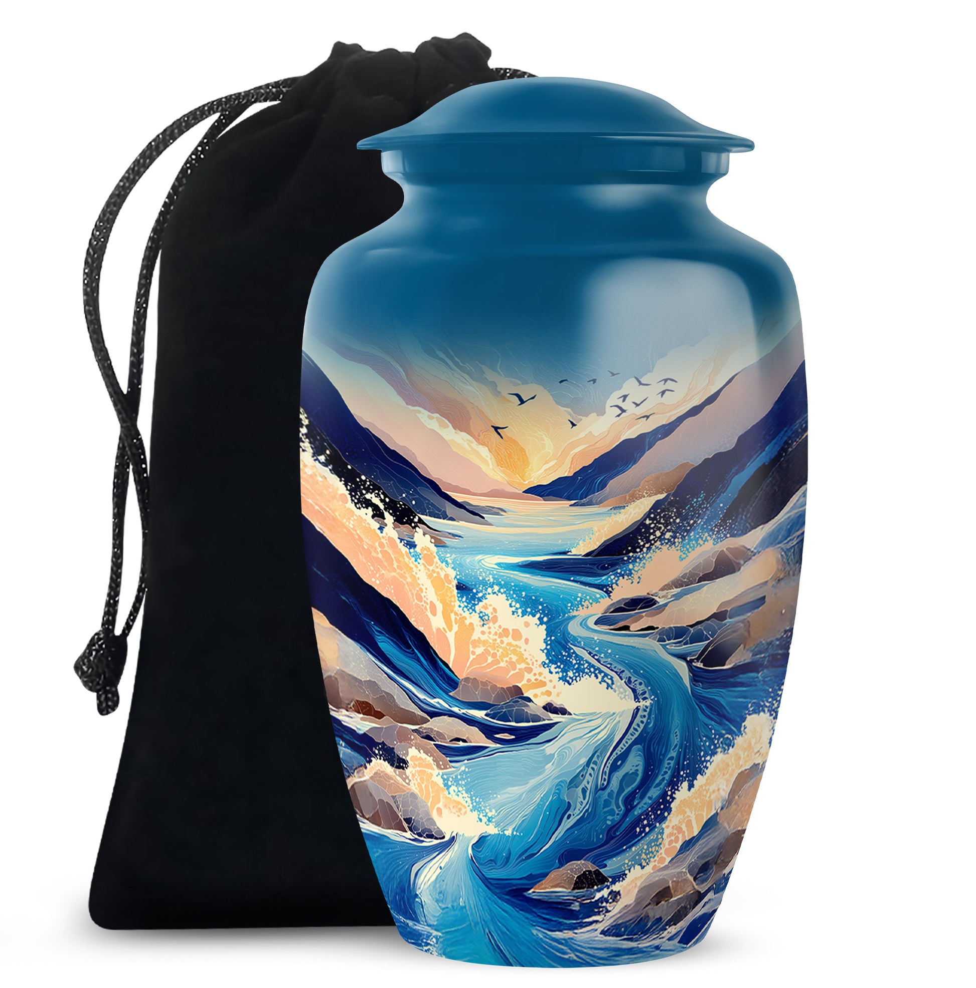 Calming Blue Blue Cremation Urn angled view of lid and engraved motif - elegant classic blue relief with fine detailing - full-size 10 inch 200 cubic inch adult cremation urn