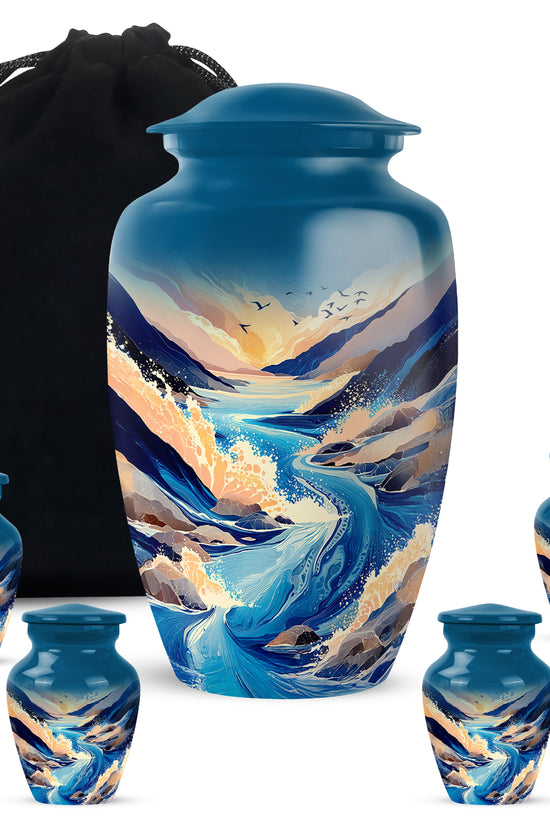 Sky Blue Blue Cremation Urn top-down view of secure threaded lid - classic sculpted blue pattern on smooth aluminum - memorial set with one large and four small urns