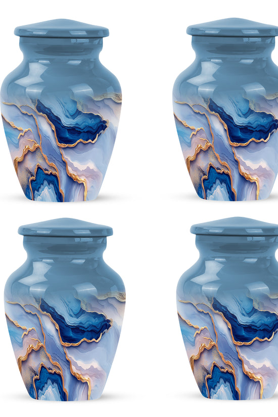 Celestial Blue Blue Cremation Urn side profile showing urn shape - classic sculpted blue pattern on smooth aluminum - 10 inch aluminum urn for cremated remains