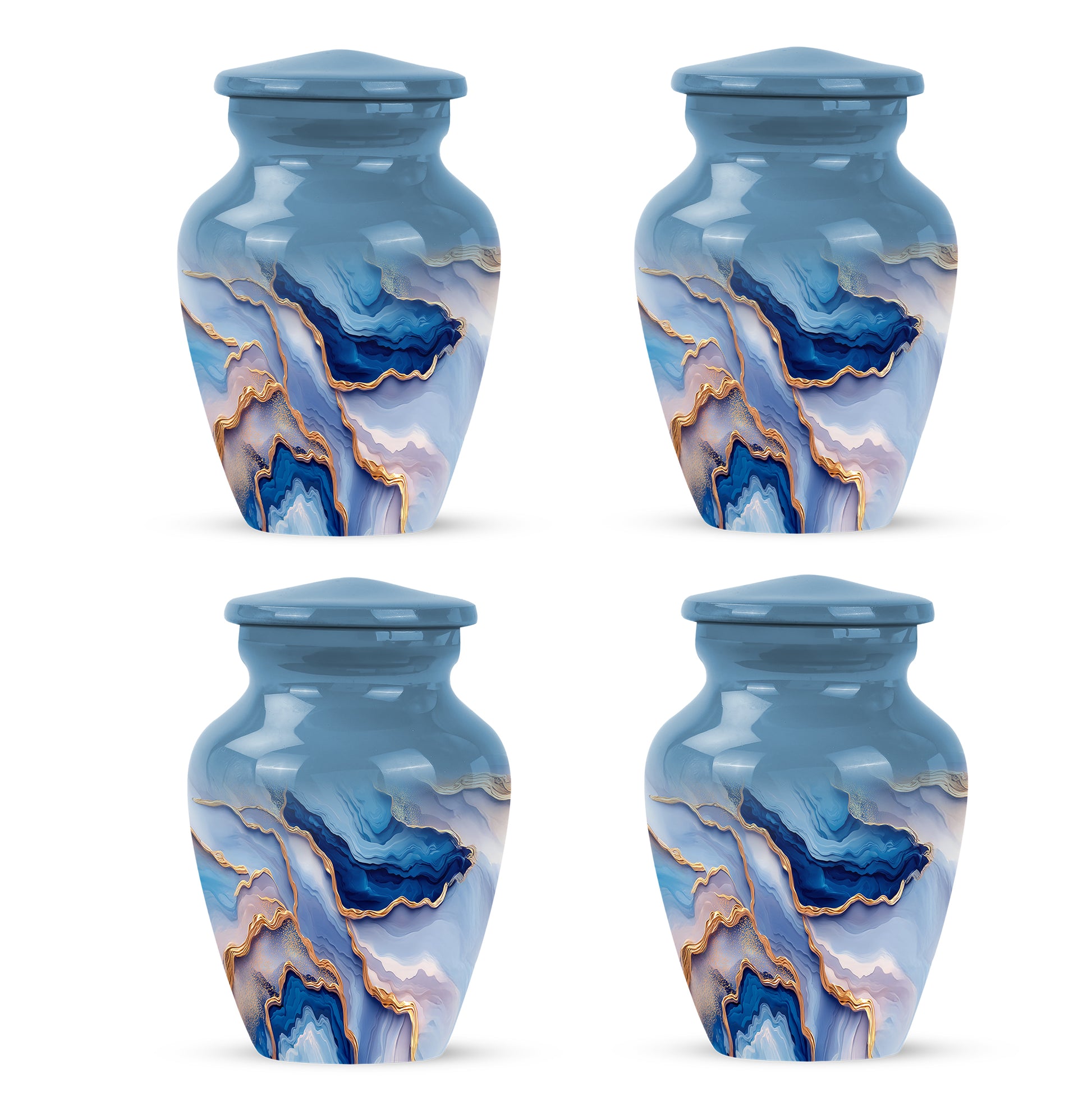 Celestial Blue Blue Cremation Urn side profile showing urn shape - classic sculpted blue pattern on smooth aluminum - 10 inch aluminum urn for cremated remains
