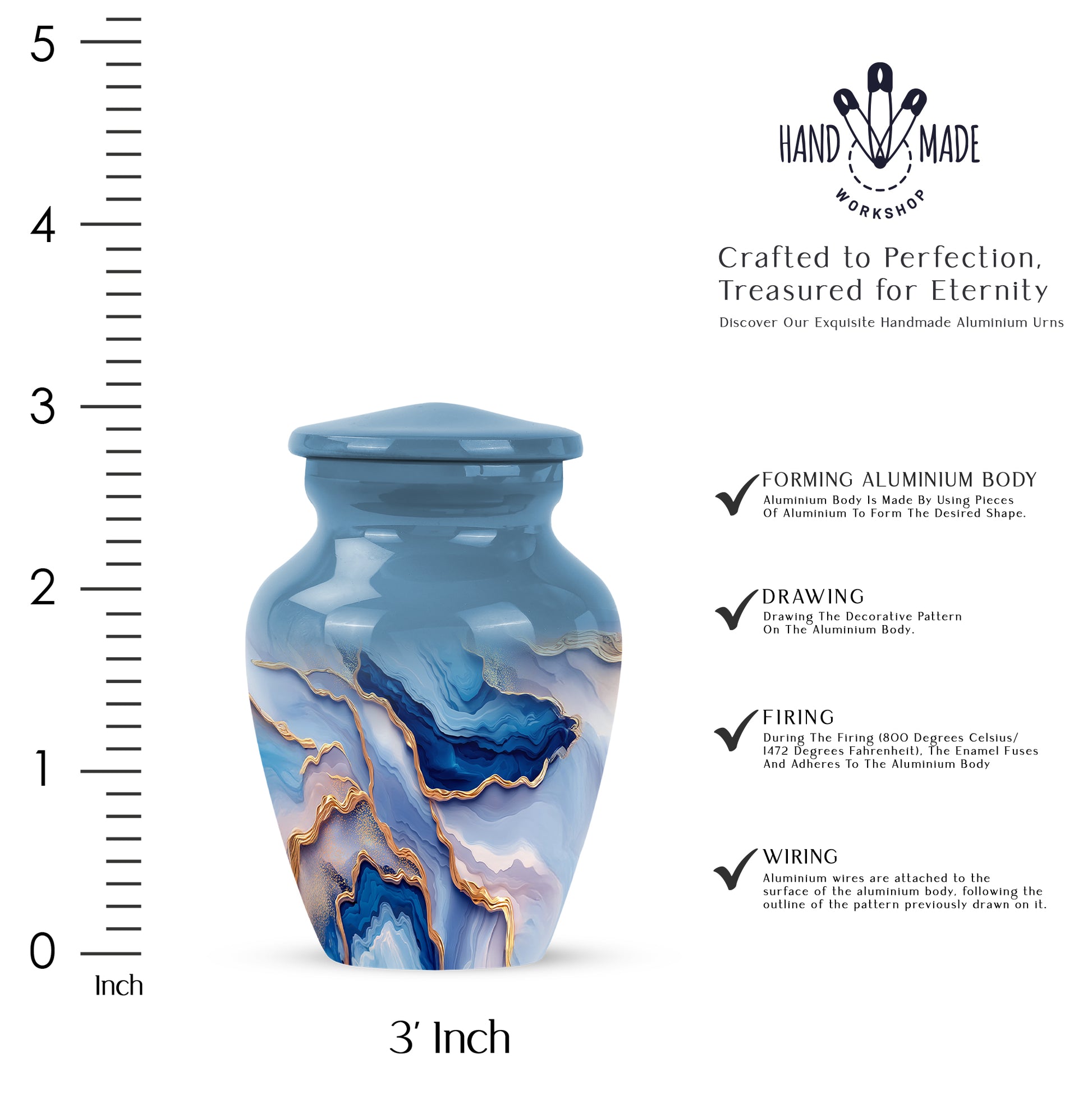 Indigo Blue Cremation Urn close-up of engraving and surface detail - classic sculpted blue pattern on smooth aluminum - mini keepsake memorial for portion of cremation ashes
