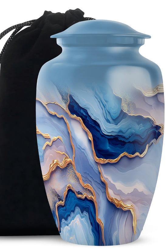 Cobalt Blue Blue Cremation Urn angled view of lid and engraved motif - elegant classic blue relief with fine detailing - full-size 10 inch 200 cubic inch adult cremation urn