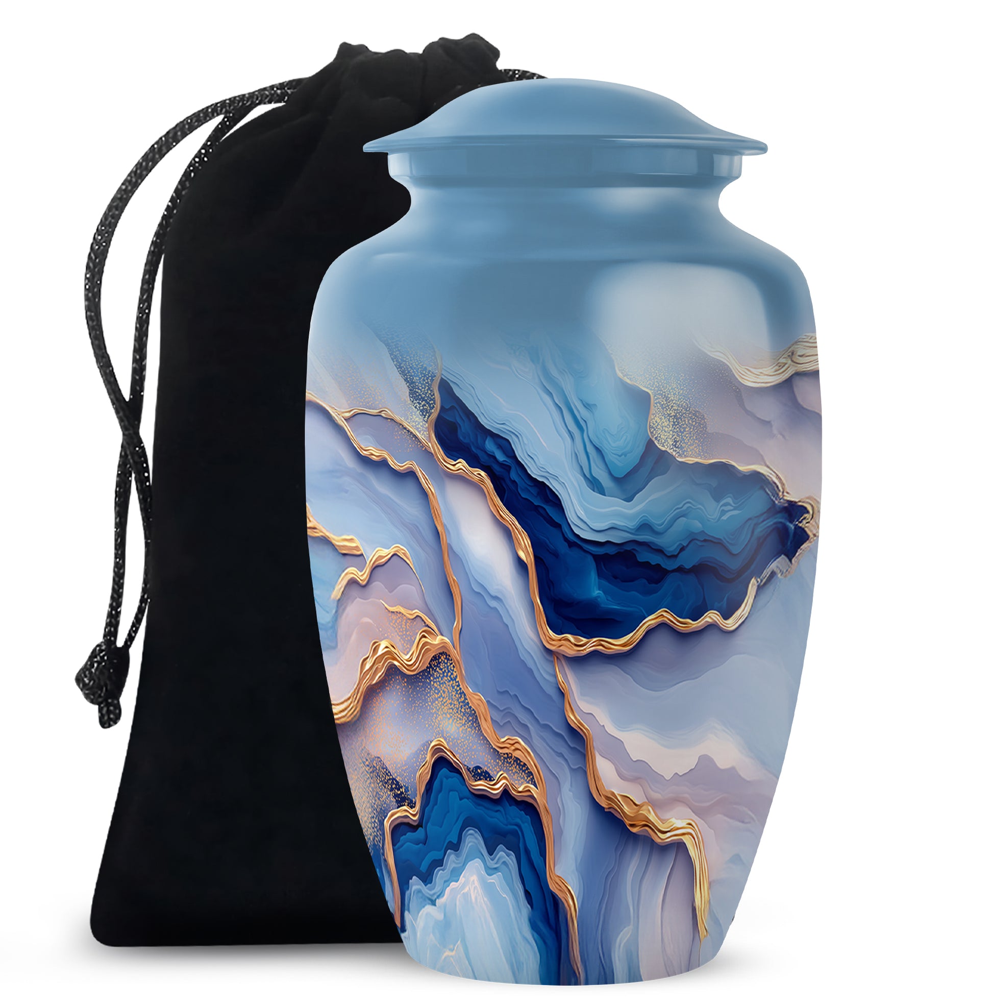 Cobalt Blue Blue Cremation Urn angled view of lid and engraved motif - elegant classic blue relief with fine detailing - full-size 10 inch 200 cubic inch adult cremation urn