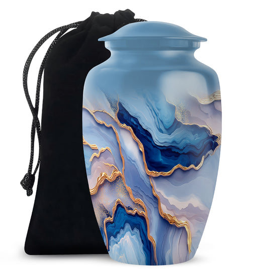 Cobalt Blue Blue Cremation Urn angled view of lid and engraved motif - elegant classic blue relief with fine detailing - full-size 10 inch 200 cubic inch adult cremation urn