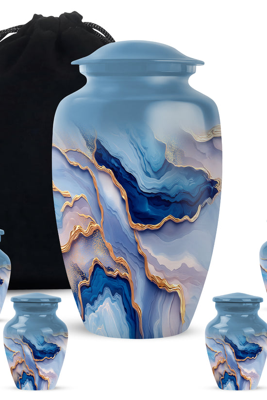 Soft Blue Blue Cremation Urn top-down view of secure threaded lid - traditional blue engraving with hand-polished finish - memorial set with one large and four small urns